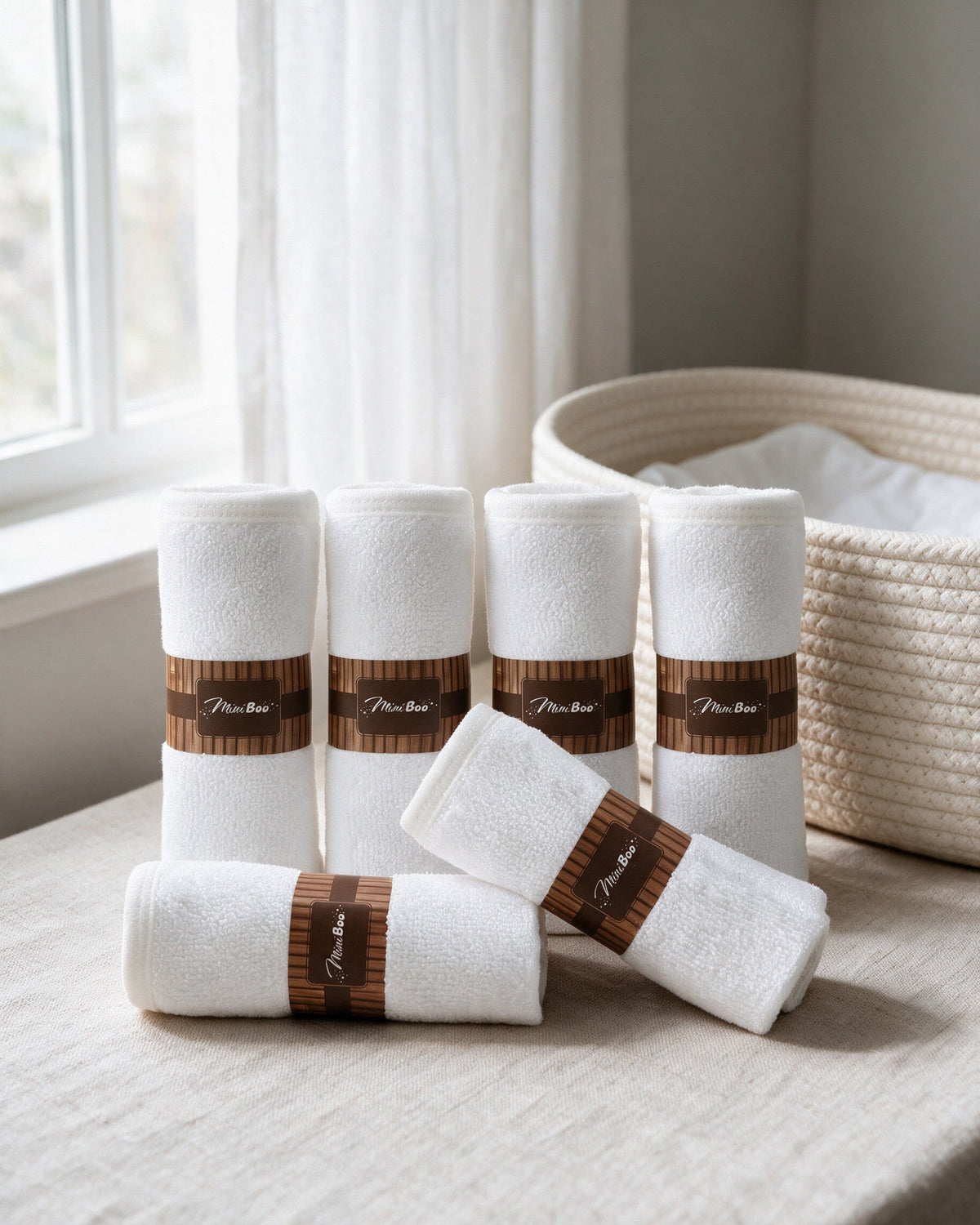 White bamboo washcloths rolled on a table by the window
