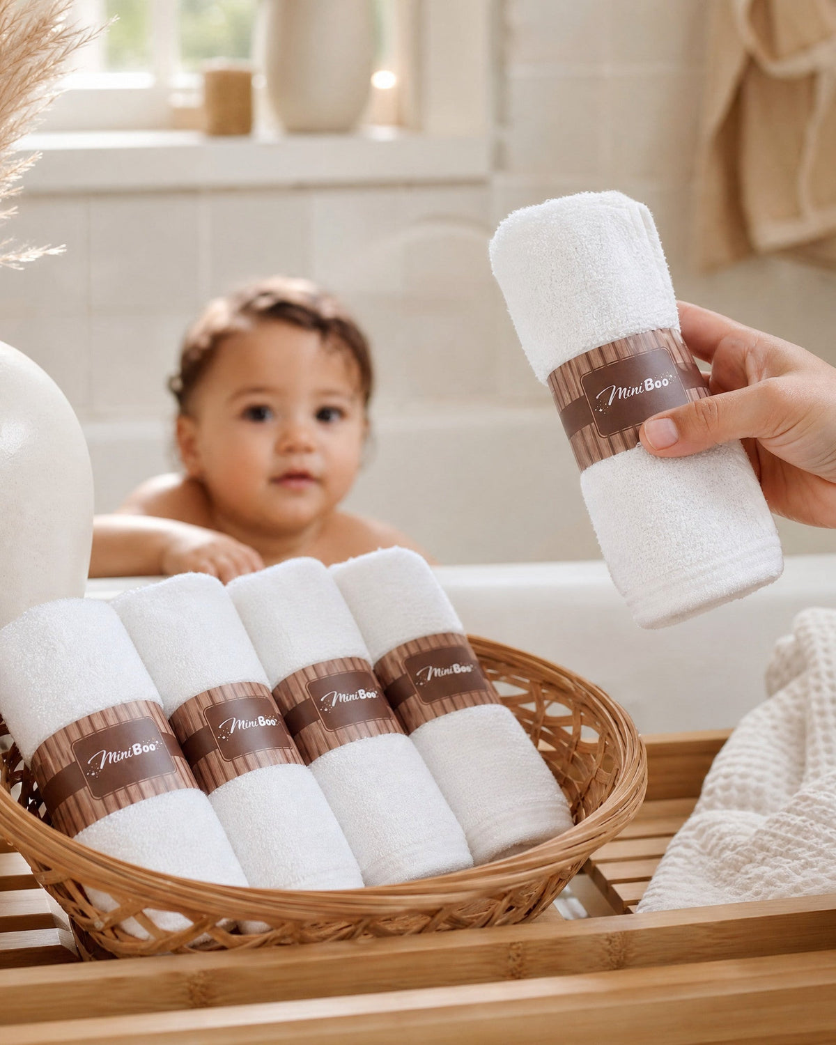 White washcloths in a basket at bath time