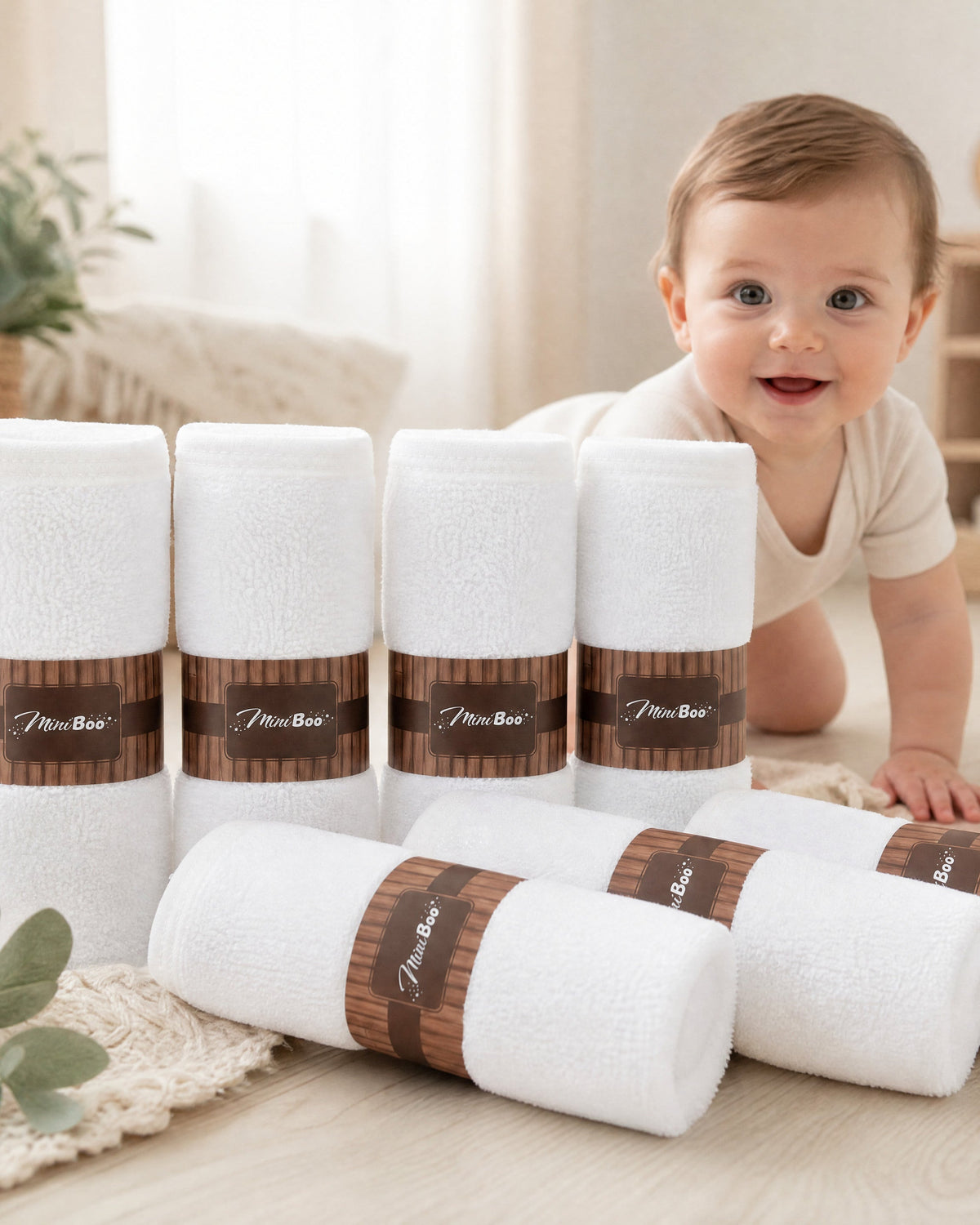 Baby playing next to rolled white washcloths