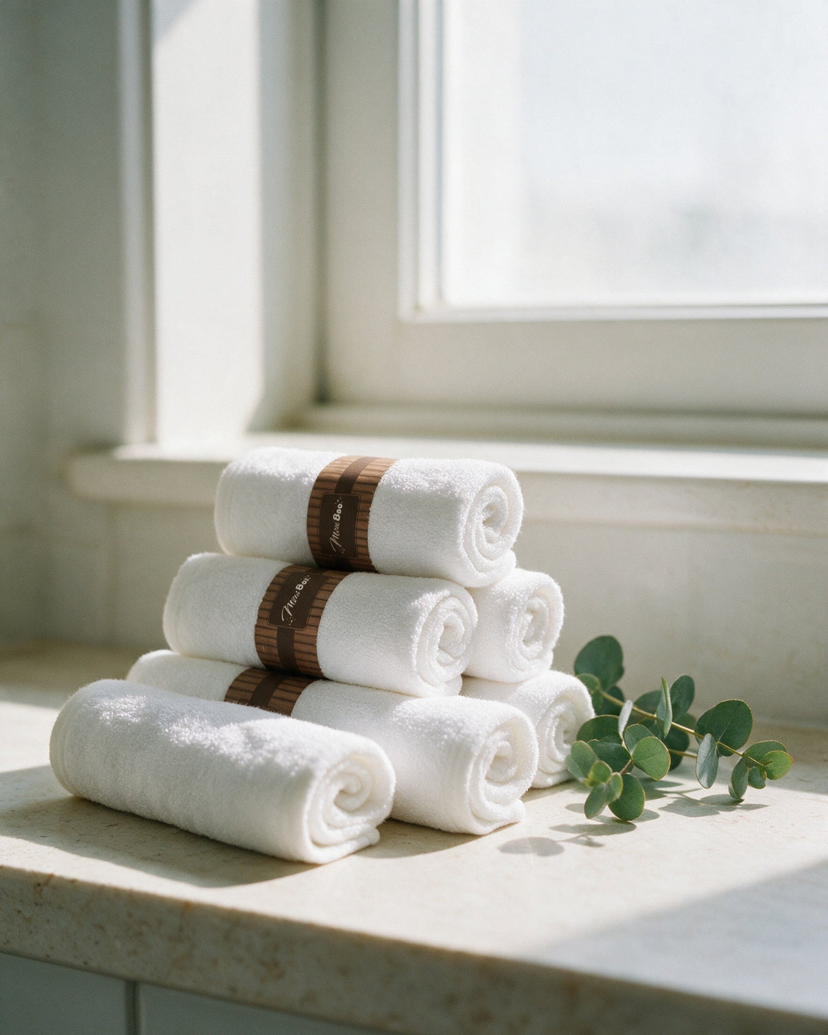 Rolled white washcloths on a sunny windowsill